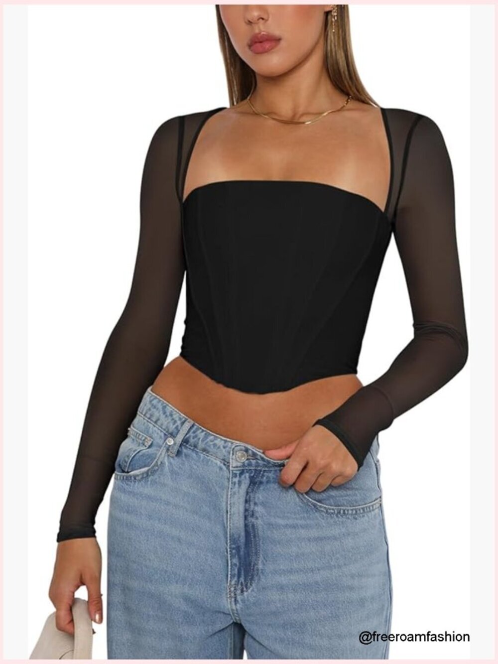 Sexy Mesh Long Sleeve Boned Corset Top Y2K Square Neck Bustier Crop Top